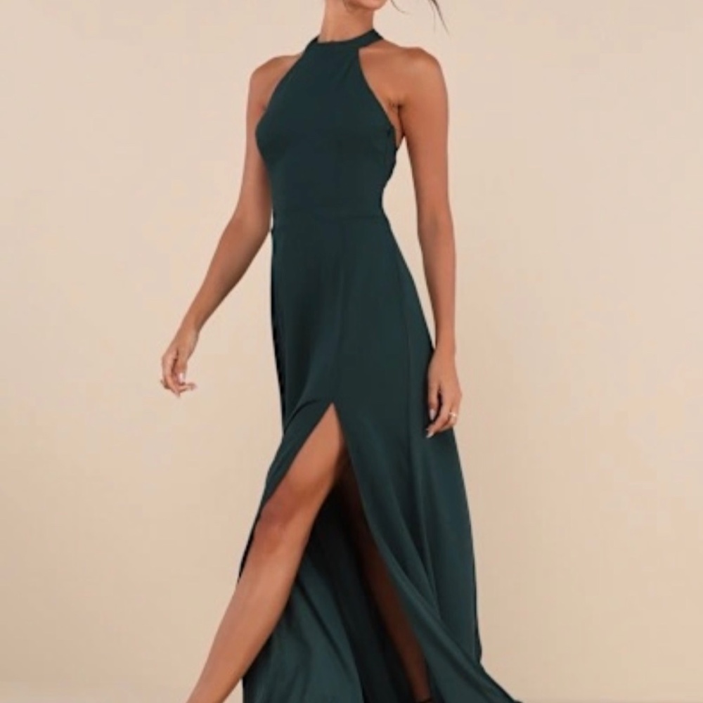 NWT Lulu's Elegant Emerald Backless Halter Maxi Dress